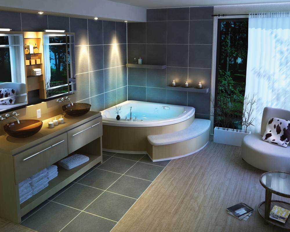 Beautiful and serene master bathroom design with attached lounging/sitting area