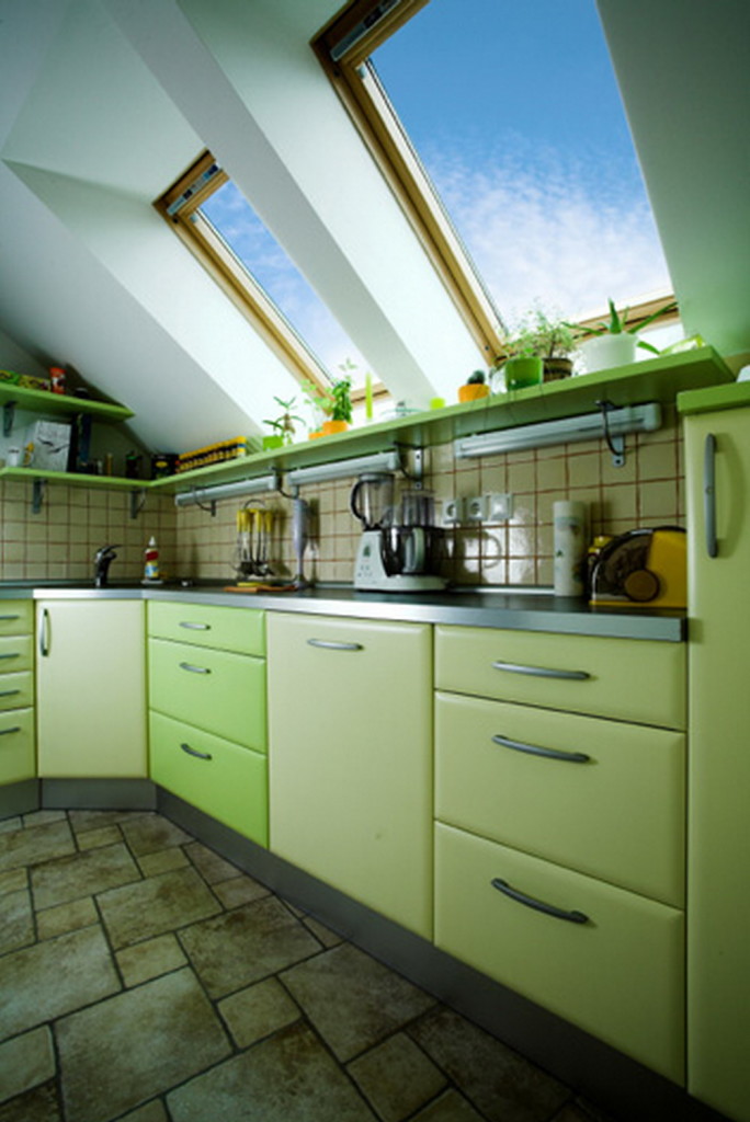 Eco-friendly green kitchen with lovely window lighting