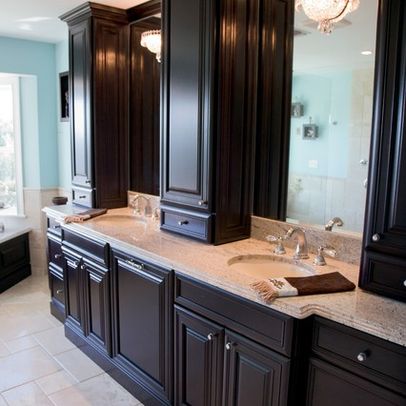 Large, elegant espresso-stained wood penthouse-style bathroom vanity with granite counter tops for Northern Virginia bathroom remodel