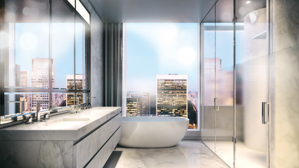 Penthouse-style bathroom with stand-alone European bathtub, marble floors and vanity, walk-in shower, and extra large mirrors.